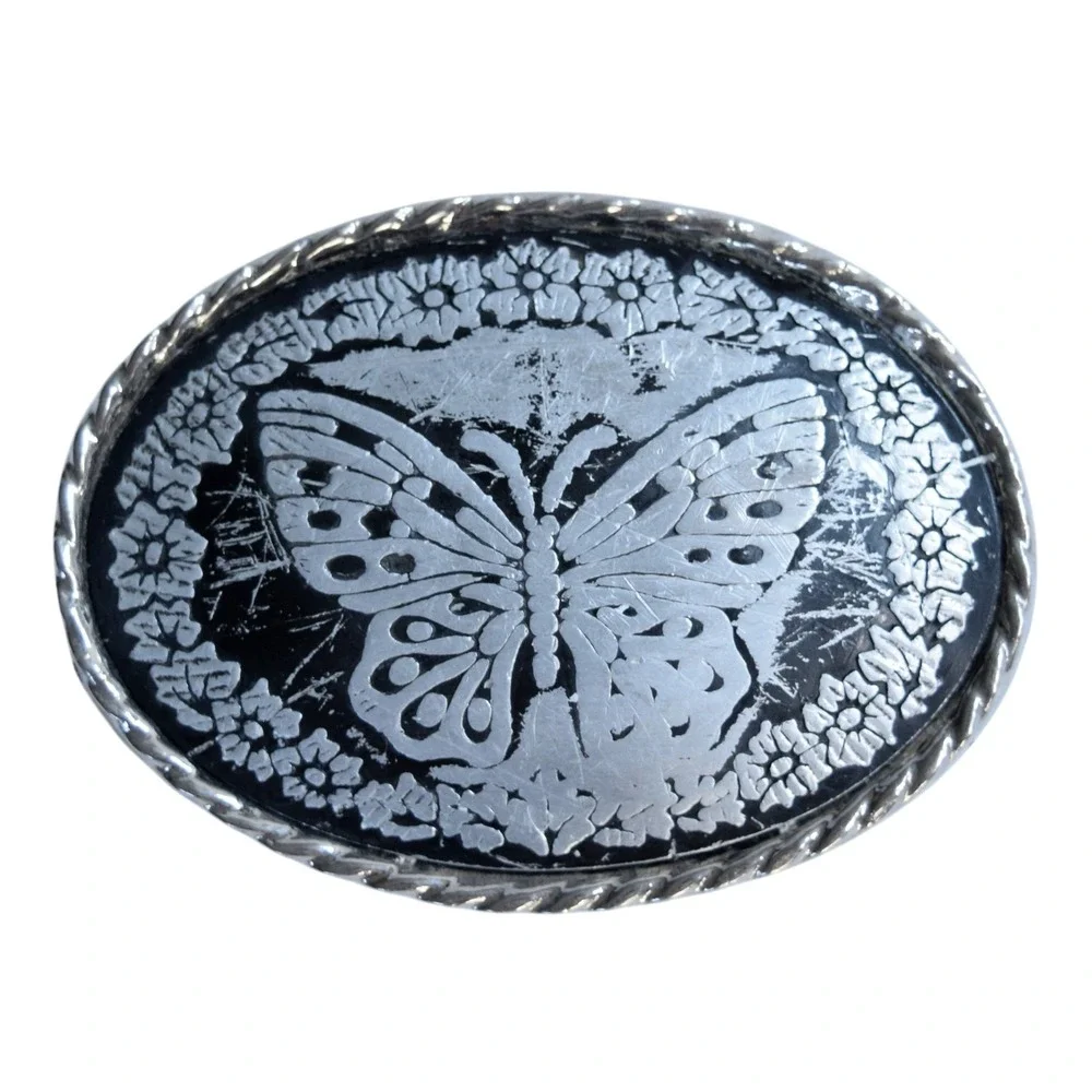 Bergamot Women Silver Black Butterfly Belt Buckle Vintage 80s Western Boho USA
